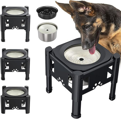 Lewondr Elevated Dog Water Bowl No Spill, 80OZ/2.5L Large Capacity Raised Water Bowl for Dogs with Slow Feeder Dog Bowl, 3 Heights Adjustable Elevated Dog Slow Water Bowl for Small Medium Large Dogs
