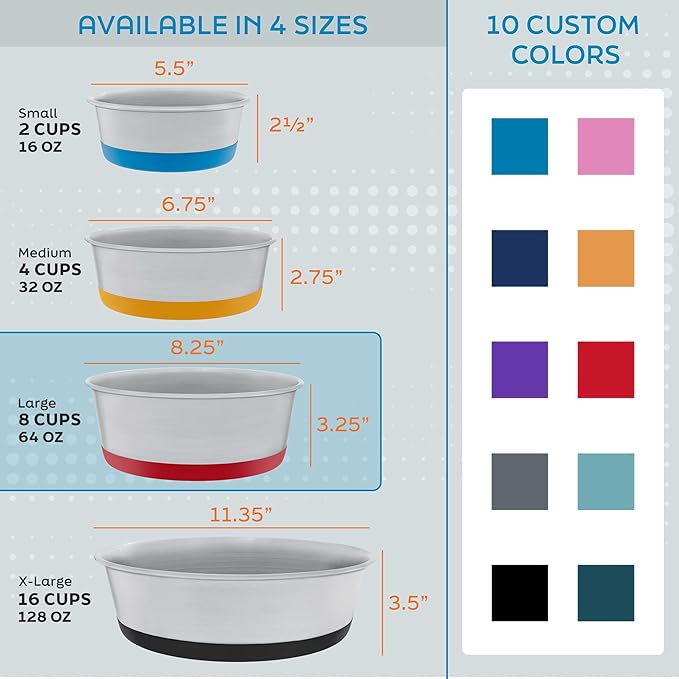 Master Pet Supply Stainless Steel Dog Bowls Set of 2 with Extra Thick Silicone Base - 8 Cup (64 oz) Graphite, Non-Slip, Dishwasher Safe Metal Bowls, Pet Dog Food Bowl for Dogs, Cats, Anti Rust