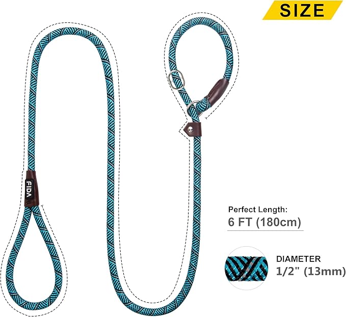 Fida Durable Slip Lead Dog Leash, 6 FT x 1/2" Heavy Duty Loop Comfortable Strong Rope Lead for Large, Medium Dogs, No Pull Pet Training with Highly Reflective, Blue (Pack of 2)