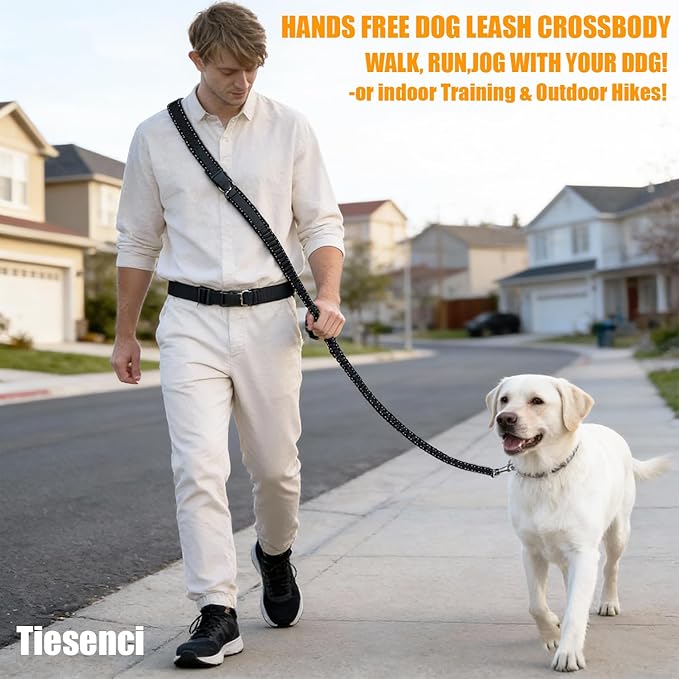 Heavy Duty No-Pull Dog Leash, 9.5ft Hands-Free Waist & Crossbody Bungee Leash with Adjustable Belt, Detachable Car Seat Belt & Reflective Strip for Large Medium Dogs, Black