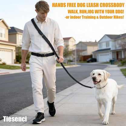 Heavy Duty No-Pull Dog Leash, 9.5ft Hands-Free Waist & Crossbody Bungee Leash with Adjustable Belt, Detachable Car Seat Belt & Reflective Strip for Large Medium Dogs, Black