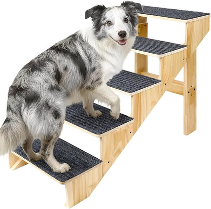 5-Step Dog Stairs for Large Dogs, Solid Wooden Dog Steps for Beds/Couch with Carpet, 24 Inches Anti-Slip Pet Stairs for High Beds, Ramp for Older/Senior Dogs, Pet Bed Stairs to Get on Bed/Sofa
