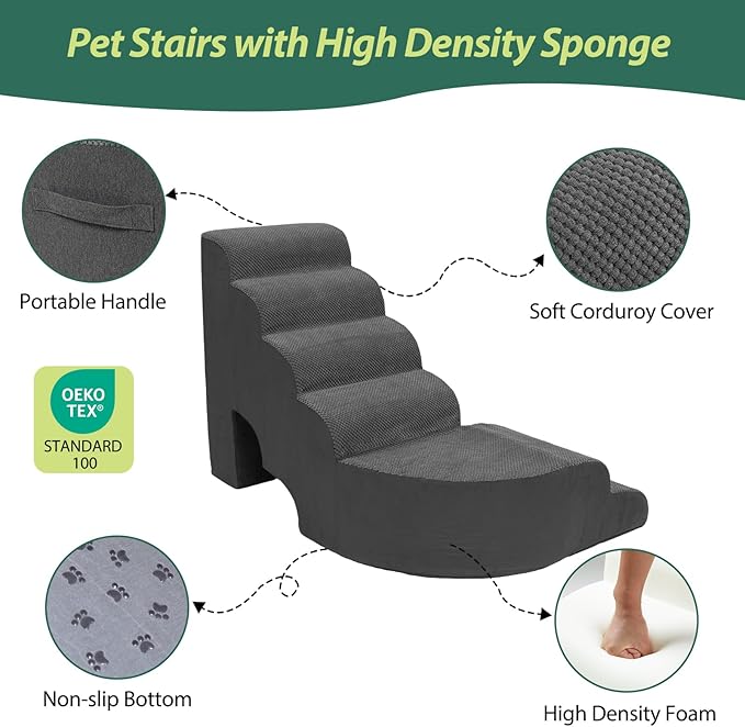 6 Tier Dog Stairs/Steps for High Bed, 27.5”H Non-Slip Pet Stairs Adjust to Left Side of Bed, Pet Steps for Small Dogs, Old Pets, and Injured Dogs, Dark Gray