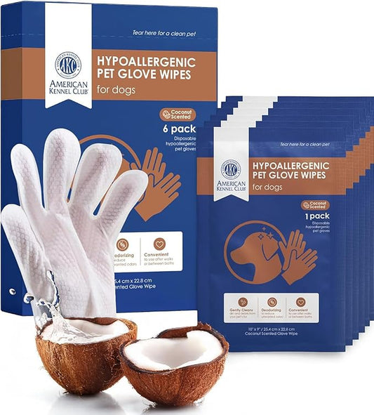 AKC Coconut-Scented Dog Bathing Glove Wipes, 6 Pack, No-Rinse Deodorizing Gloves for All Dog Sizes & Fur Types, Waterless Quick Cleaning for Paws, Fur & Travel
