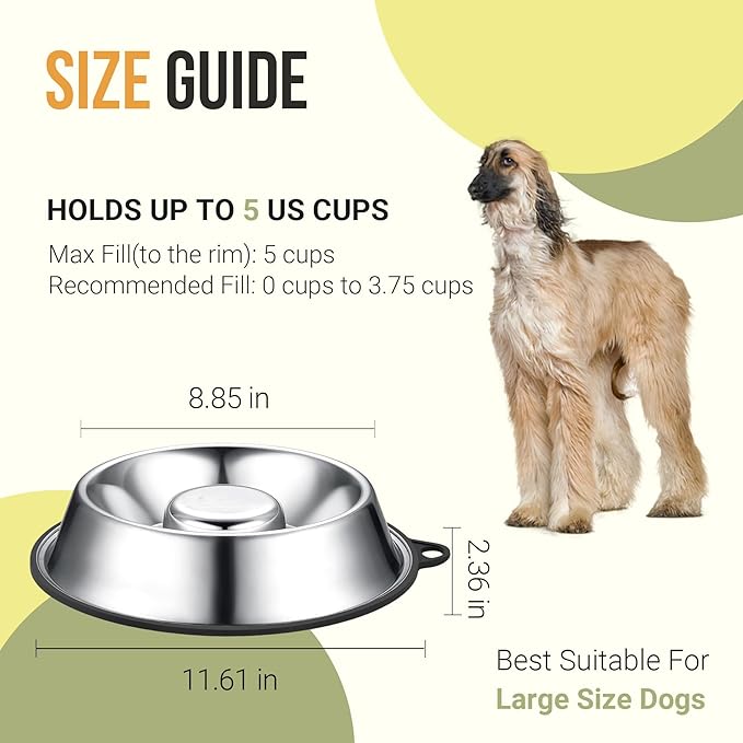 PEGGY11 Stainless Steel Slow Feeder Dog Bowl - Holds 5 Cups, for Large Size Dog