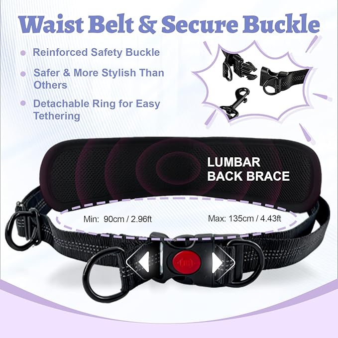 Hands Free Double Dog Leash for Two Dogs- No Tangle No Pull Dual Leash with Padded Adjustable Waist Belt & Reflective Stitching - Ideal for Running, Jogging, Hiking with Medium & Large Breeds