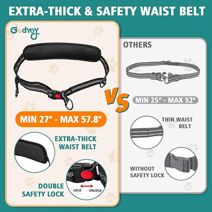 Hands Free Dog Leash for 2 Dogs with Safety Lock and Extra-Thick Waist Belt, Waist Leash for Dog Walking Running, Double Retractable Dog Leashes for Two Dogs with Double Padded Handles, Black