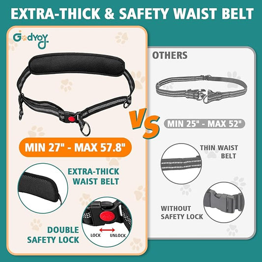 Hands Free Dog Leash for 2 Dogs with Safety Lock and Extra-Thick Waist Belt, Waist Leash for Dog Walking Running, Double Retractable Dog Leashes for Two Dogs with Double Padded Handles, Black