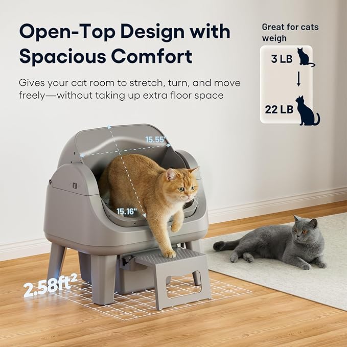 PetPivot Open Top Self Cleaning Cat Litter Box, Automatic Litter Box with 7 Pairs of Safety Sensors, Anti-Pinch Protection and Easy Access Step for Senior Cats, Dark Grey