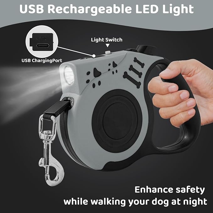 16FT Retractable Dog Leash with LED Flashlight for Night Walking, USB Rechargeable Hands-Free Leash for Small Medium Dogs, Automatic Locking & Extending, Grey
