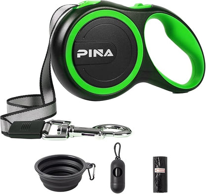 PINA Retractable Dog Leash, 26ft Dog Leash for Small Medium Large Dogs Up to 110lbs, 360° Tangle-Free Strong Reflective Nylon Tape, with Anti-Slip Handle, One-Handed Brake, Lock - Black Green