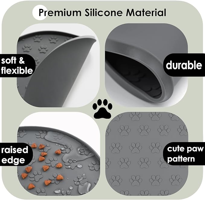 Pet Feeding Mats for Food and Water, Waterproof Anti-Slip Placemats for Dog Cat Bowl, 2 Pack Silicone Pet Food Mat, Dishwasher Safe 10.9 × 10.9 (2 Grey, Small Paws)