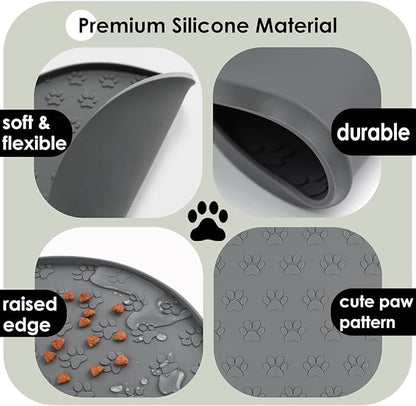 Pet Feeding Mats for Food and Water, Waterproof Anti-Slip Placemats for Dog Cat Bowl, 2 Pack Silicone Pet Food Mat, Dishwasher Safe 10.9 × 10.9 (2 Black, Small Paws)