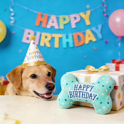 Prime Pets Dog Birthday Toys, Plush Dog Squeaky Toys, Stuffed Puppy Chew Toy for Small Medium Large Dogs, Bone Pet Toy