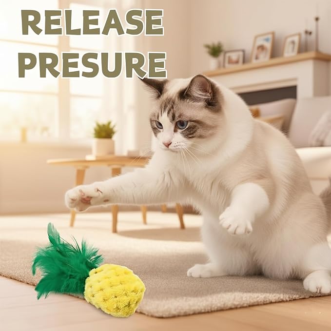 Pineapple Catnip Toys for Indoor Cats, Plush Feather Kicker Toy with Organic Catnip, Interactive Bunny Kick and Bat Toy for Kittens, Soft Curly Fabric