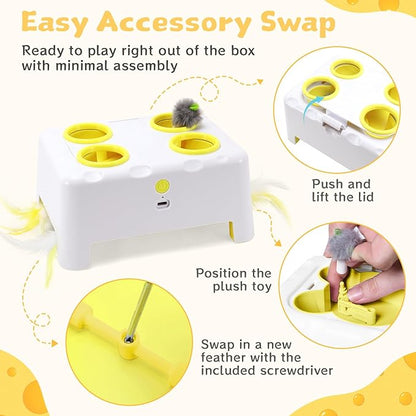 Cheese Box Interactive Cat Toy for Indoor Cats, 3-in-1 Whack a Mole Feather Toy, 3 Modes Rechargeable Auto Cat Toys for Bored Cats, 4 Holes Kitten Toy, 4 Accessories (White)