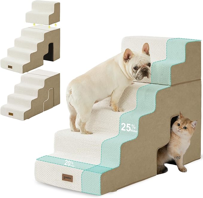 Dog Steps for High Beds - 6 Step 29" H Pet Stairs with Tunnel 2 in 1 with Zippers Suitable for Small Dogs and Cats, Indoor Cat Ladders with Non-Slip Bottom, Beige