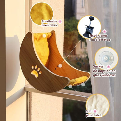 Cat Window Perch Hammock Bed with Strong Suction Cups, Space-Saving Window Cat Bed for Indoor Cats, Multi-Use Moon Shelf for Desk or Window