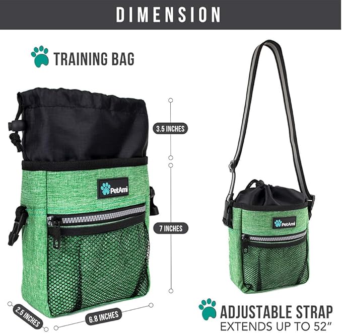 PetAmi Dog Treat Pouch, Pet Treat Pouch for Training, Dog Walking Bag Holder for Kibbles, Pet Food Toy, Dog Trainer Essentials Supplies, Poop Bag Dispenser, 3 Ways to Wear (Green)