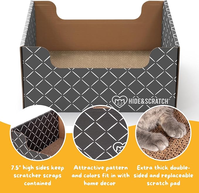 Hide & Scratch Cardboard Cat Scratcher Box & Bed - Dark Grey Diamond | Double-Sided Corrugated Pad for Indoor Cats | Refillable Scratching Board Toy for Play & Furniture Protection
