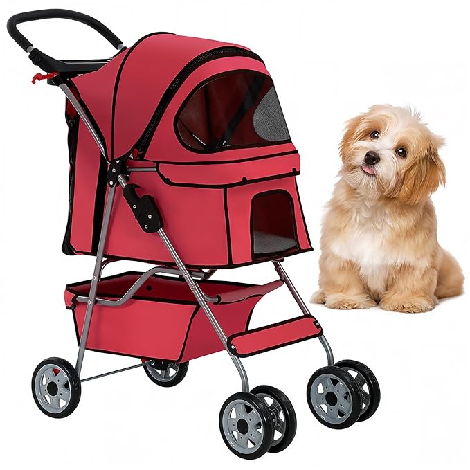 BestOffice Pet Stroller for Small Medium Dogs & Cats, 4-Wheel Foldable Dog Stroller with Cup Holder, Lightweight Travel Carrier, Waterproof Design for Outdoor Walks, Red