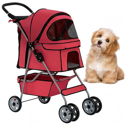 BestOffice Pet Stroller for Small Medium Dogs & Cats, 4-Wheel Foldable Dog Stroller with Cup Holder, Lightweight Travel Carrier, Waterproof Design for Outdoor Walks, Red