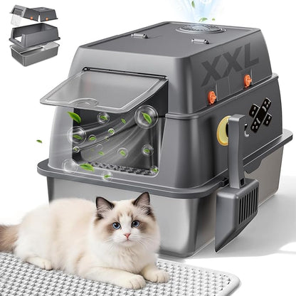 GTPLAYER XXL Stainless Steel Cat Litter Box with Lid, High Sided Enclosed Covered Litterbox, Activated Carbon Odor Control, Extra Large Metal Cat Box, Non-Stick, with Mat & Scoop, Grey