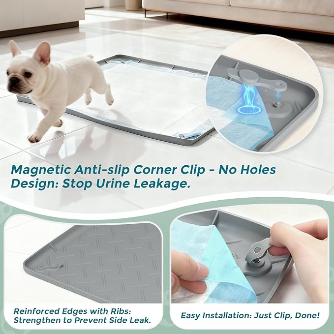 Pee Pad Holder for Dogs, 24" x 24" Non-Slip Silicone Puppy Pad Tray with 4 Magnetic Clips, Leak-Proof Raised Edge, Reusable Waterproof Puppy Training Mat for Indoor Floor Protection