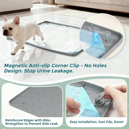 Pee Pad Holder for Dogs, 24" x 24" Non-Slip Silicone Puppy Pad Tray with 4 Magnetic Clips, Leak-Proof Raised Edge, Reusable Waterproof Puppy Training Mat for Indoor Floor Protection
