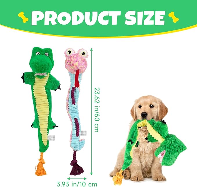 Andiker Squeaky Dog Toys, Snake Shape Dog Tug Toy with Squeaker and 19.29 in Long Cotton Rope, Interactive Dog Toy for Small Medium Large Dogs (Green)