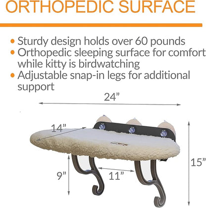 K&H Pet Products Universal Mount Cat Window Perch Bed for Large Cats, Orthopedic Window Hammock Holds 60 lbs, Sturdy Suction Cups, Washable Cover, Indoor Windowsill Furniture Bed - 14 X 24in Fleece