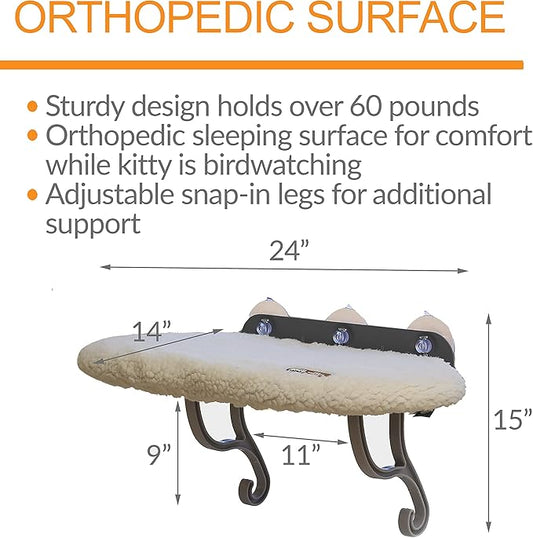 K&H Pet Products Universal Mount Cat Window Perch Bed for Large Cats, Orthopedic Window Hammock Holds 60 lbs, Sturdy Suction Cups, Washable Cover, Indoor Windowsill Furniture Bed - 14 X 24in Fleece