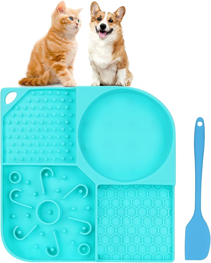 Lick Mat for Dogs, 4-in-1 Slow Feeder Bowl with Non-Slip Suction Cup, Food-Grade Silicone Lick Pads Perfect for Cat Anxiety, Fast Eating & Grooming-Aqua
