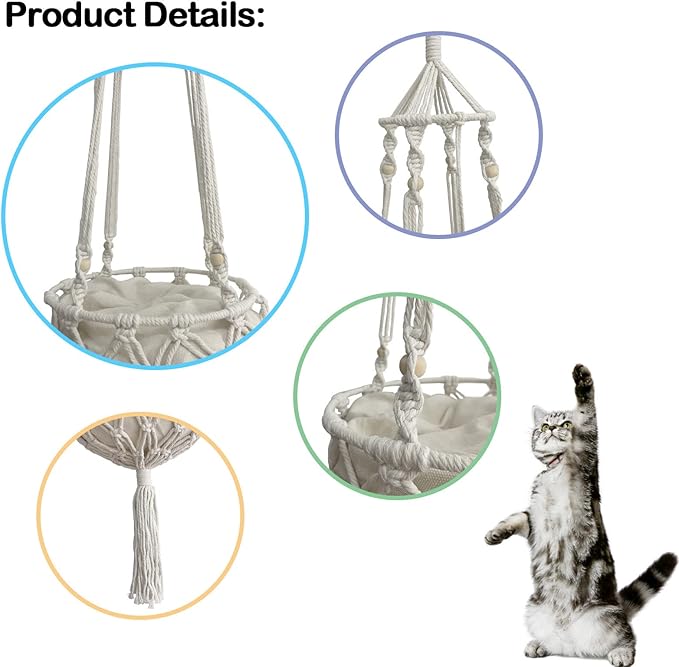Macrame Cat Hammock Bed,Handwoven Hanging Boho Cat Bed with Hanging Kit for Indoor Outdoor Home Decor Ceiling Catio Swing for Playing Sleeping Climbing and Lounging(15.74x15.74x47.24IN)(L)