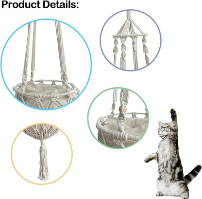Macrame Cat Hammock Bed,Handwoven Hanging Boho Cat Bed with Hanging Kit for Indoor Outdoor Home Decor Ceiling Catio Swing for Playing Sleeping Climbing and Lounging(15.74x15.74x47.24IN)(L)