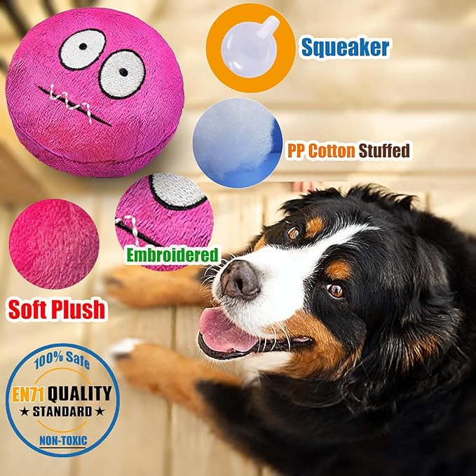 4 Pack 3 Inch Flat Squeaky Dog Balls - Plush Stuffed Built-in Squeaker, Expressions Interactive Soft Chew Toy for Small Medium Breed Dogs Puppies Indoor Outdoor