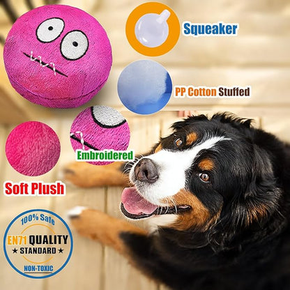 4 Pack 3 Inch Flat Squeaky Dog Balls - Plush Stuffed Built-in Squeaker, Expressions Interactive Soft Chew Toy for Small Medium Breed Dogs Puppies Indoor Outdoor