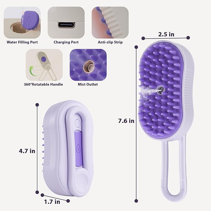 4 in 1 Cat Steam Brush, Rechargeable Steam Brush for Cats and Dogs, Anti-Static Cat Spray Brushes, Massage, Cleaning, Shedding & Combing All In One! Purple