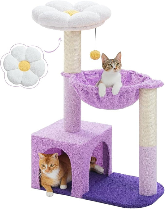 Purple Flower Cat Tree for Small Indoor Cats w/Large Metal Frame Hammock, 35" Cute Cat Tower with Sisal Scratching Posts, Cozy Condo with Cloud White Bed for Kittens