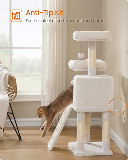 Feandrea Cat Tree, 45.3-Inch Cat Tower, Plush Condo with Scratching Post, Ramp, Perch, Spacious Cave, for Small Space, Cream White UPCT141W02