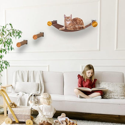 Wall-Mounted Cat Hammock & Shelves Set with 2 Steps - Premium Cat-Wall Furniture for Indoor Cats, Climbing, Lounging - Durable Multi-Level Perch for Large Cats (Brown)