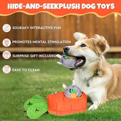 Hide and Seek Squeaky Dog Plush Toy Carrot and Bunny Set, 4 Pack Dog Puzzle Toys for Training and Cleaning, Interactive Tough Dog Toy for Small Medium Dogs