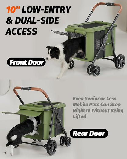 Dog Stroller for Large & Medium Dogs, Pet Stroller for 2 Small Dogs Up to 80 Lbs, Extra Large Heavy Duty, Folding & Breathable, All-Terrain Wheels, Military Green