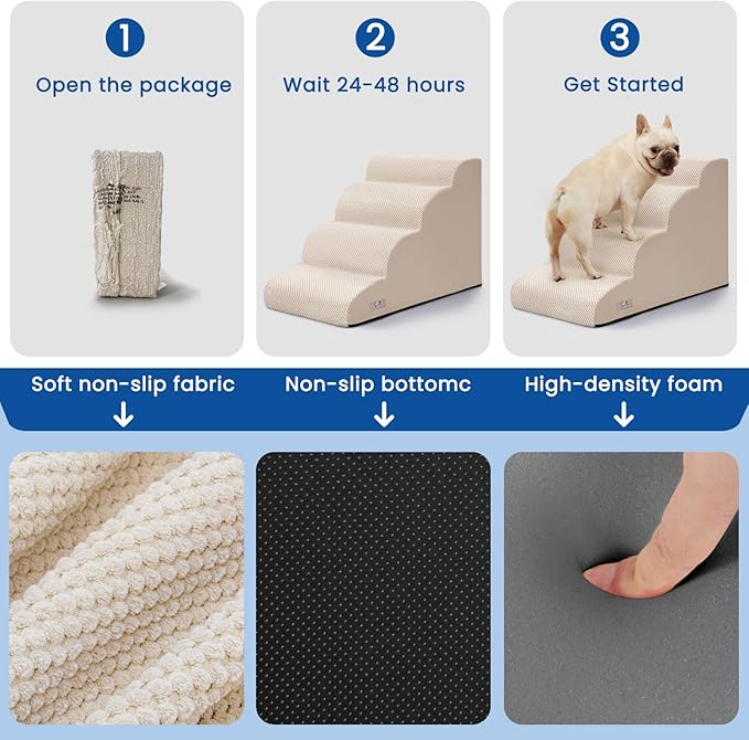 Dog Steps for Bed, 4 Step Pet Stairs for Small and Medium Dogs, Non-Slip Dog Ramp with Washable Cover, High-Density Support Foam for Easy Climbing,Beige