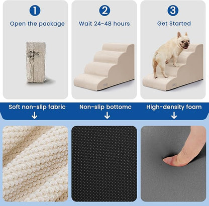 Dog Steps for Bed, 4 Step Pet Stairs for Small and Medium Dogs, Non-Slip Dog Ramp with Washable Cover, High-Density Support Foam for Easy Climbing,Beige