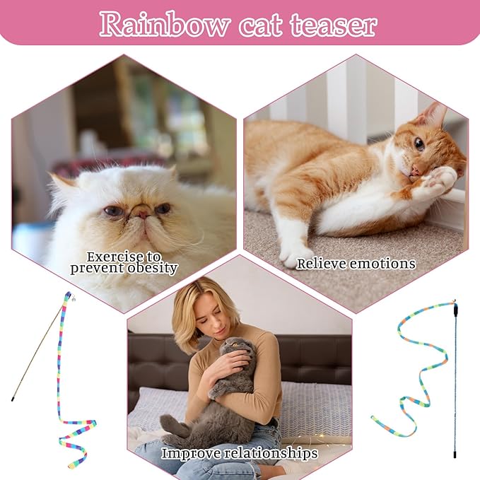 2 Pcs Interactive Cat Rainbow Wand Toys, Cat Teaser Wand and String Toy Colorful Ribbon Strong and Sturdy Pole with Small Bells for Indoor Cats and Kittens to Play Chase Exercise for Fun