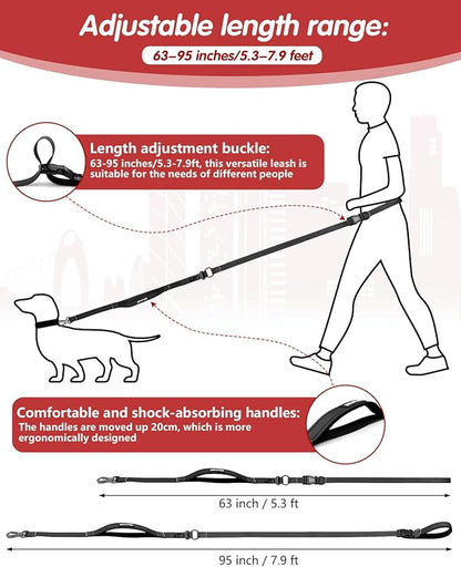 Hands Free Dog Leash, Crossbody Dog Leash, 5.3-7.8Ft Waist Belt with Car Seatbelt and Double-Sided Reflective,Walking, Jogging,Hiking, Travel etc.(Black)