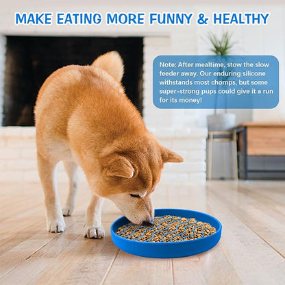 Fhiny Slow Feeder Dog Bowl Non-Slip Silicone - Blue Pet Food Dish for Fast Eaters, Dishwasher Safe