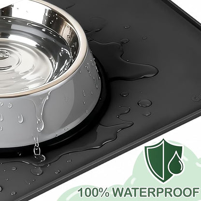 100% Waterproof Silicone Pet Feeding Mat,Warped Resistant Raised Edge BPA-Free Dog Cat Food Mats, Non-Slip Pet Placemat with High Lip to Prevent Spills, Dishwasher Safe, 21.5"x14" Black