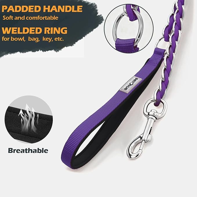 Chain Dog Leash Chew Proof Metal Leash for Medium Large Dogs, Chain Link Dog Anti Chew 5.2FT / 4FT Strong Anti Bite Comfortable Soft Padded Handle (Purple, 4FT（30-80lb）)